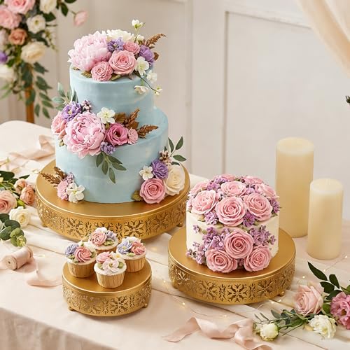 Coloch 3 Pieces Golden Cake Stand Set, 8/10/12 Inch Round Metal Dessert Display Stand Decorative Cake Holder Cupcake Pastry Candy Display Plate for Wedding, Party, Birthday, Event
