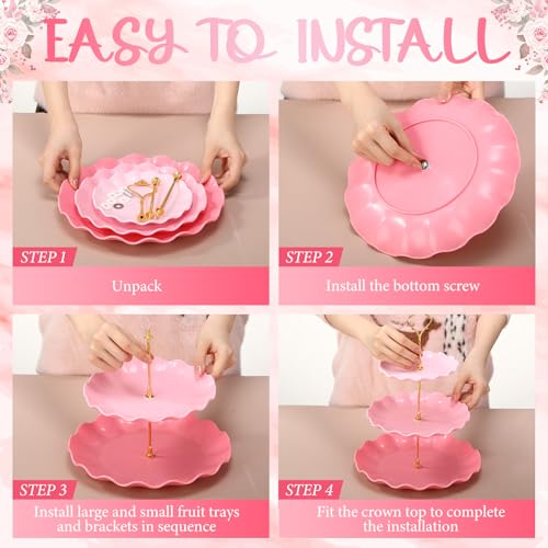 FoldTier 6 Pack Cupcake Stand Set 3 Pcs 3 Tier Gradient Dessert Table Display Stands Cookie Tray Rack 3 X14 in Rectangle Party Trays for Wedding Birthday Tea Party Baby Shower (Pink,Round) - color: Pink, style: Round