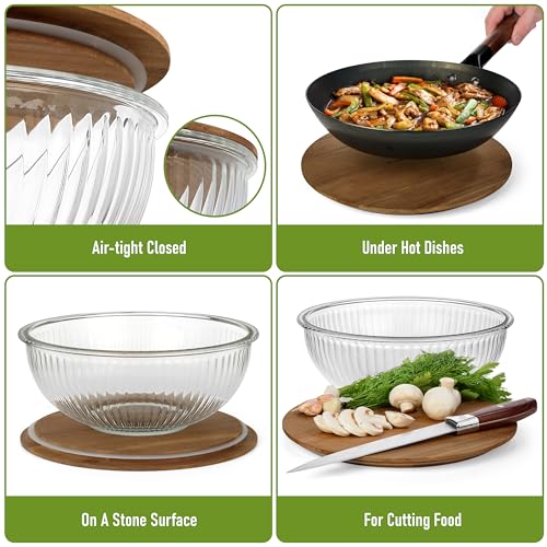 Set of 3 Stackable Space-Saving Nesting Glass Salad Bowls with Acacia Lids for Foodprep, Storage, Baking, Mixing & Cooking - Microwave Safe Durable Inert Borosilicate Glass