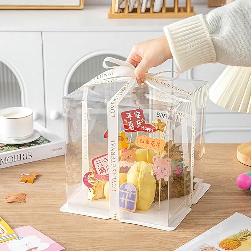 10x10x9 Clear PET Cake Boxes 5 Pack with Food-Grade White Base & Just For You Satin Ribbon, Rigid Waterproof Cake Carrier for Home Bakers, Birthday Wedding Cake, Dessert Snack & Gift Display Box - size: 10 inch