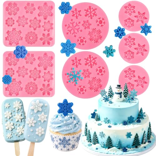 Christmas Snowflake Fondant Mold, 7 Pcs Winter Snowflake Silicone Molds - color: 7 Pcs Snowflake Silicone Molds, Pink