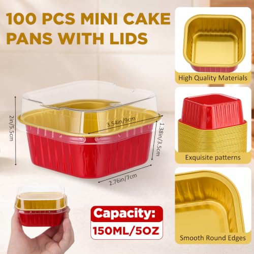 Skylety 100 Pcs 5oz Mini Square Cake Pans with Lids, Red, Gold - color: Red,Gold