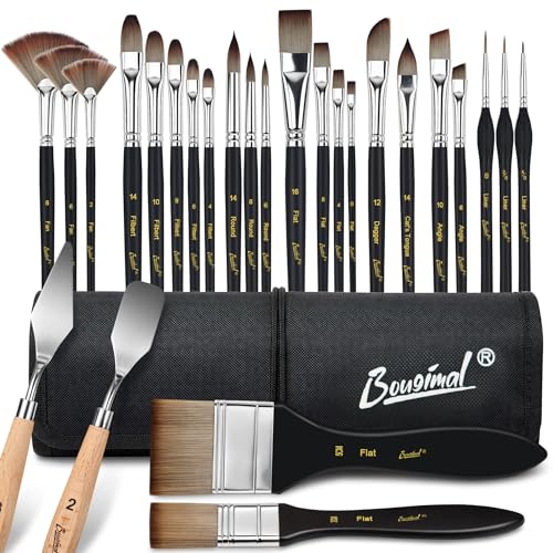 Bougimal 26pc Paint Brush & Palette Knife Set with Waterproof Roll Up Case - color: Black