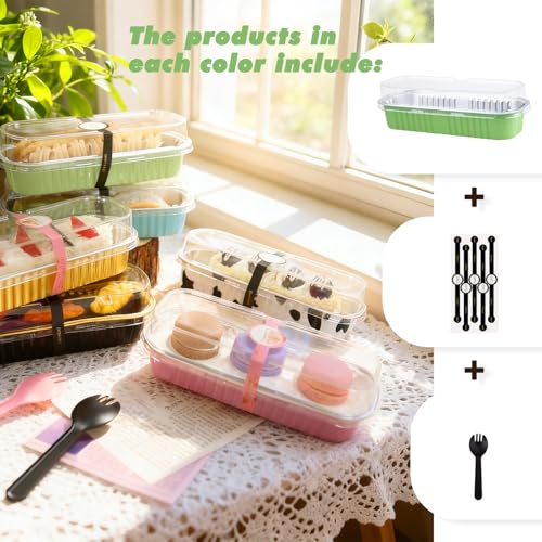 24 Pack Mini Loaf Pans, 7.5oz Mini Cake Pan & Mini Cupcake Pan Set – Disposable Aluminum Baking Pans with Lids, Spoons & Stickers, Premium Sturdy Gift Set for Cakes, Cupcakes, Desserts & Party Treats - color: Green