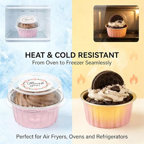 100Pcs Mini Aluminium Foil Baking Cups with Lid and Spoon Disposable(Pink) - color: Pink