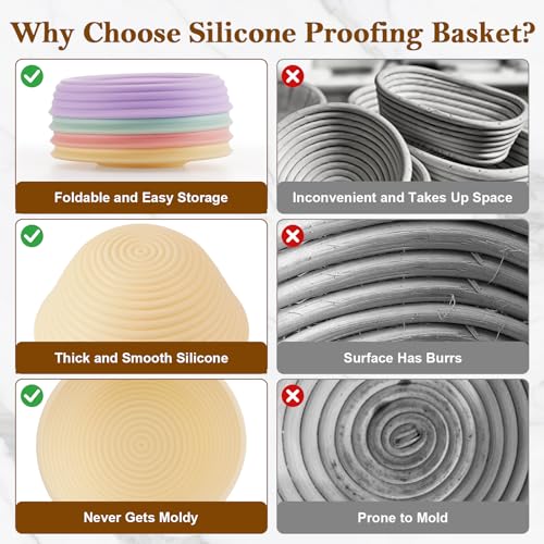 4 Pack Silicone Banneton Bread Proofing Baskets, 5" Collapsible Non-Stick Sourdough Proofing Bowls for Bread Baking, Round Dough Rising Baskets - size: 5"Round Basket-4 PCS