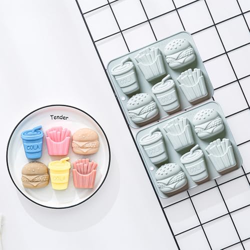 6 Cavity Fast Food Silicone Molds with Hamburger, Cola and Fries Shapes - color: Blue-R0152