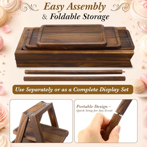Rustic Wooden Cupcake Stand with LED String Lights, 3 Tier Dessert Display Ladder with Swinging Tray, Solid Pine Serving Trays with Flower Vine for Wedding, Party, Birthday Event Table Decor