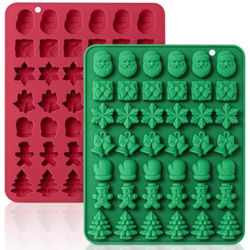 HKNMTT Christmas Silicone Molds for Xmas Candy Chocolate Wax Decor, 84 Cavity 7 Shapes Gummy Mould, Including Santa Gift Box Snowflake Bell Glove Tree Gingerbread Food Grade Holiday Baking DIY Moulds - style: 7 Shaped Xmas 2PCS