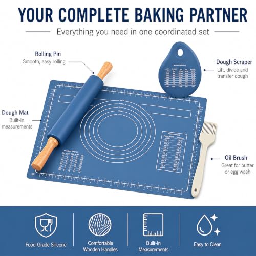 4Pcs Silicone Rolling Pin Set, 15Inch Blue Nonstick Pastry Roller - color: Navy Blue 4 Set