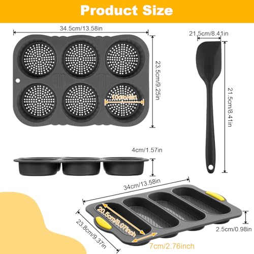 3 Pcs Silicone Baguette Pan and Hamburger Bun Pan Set, Non-Stick Hamburger Bun Mold for Baking with Scraper, 4 Wave Silicone Baguette Bread Pan Set & 6 Cup Silicone Hamburger Bun Mold