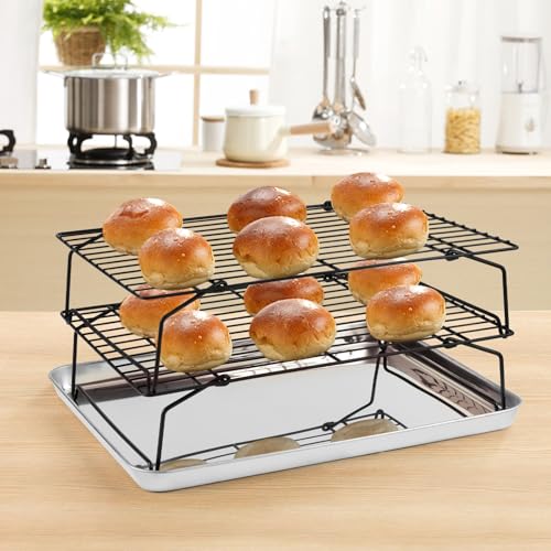 Leonyo Cooling Rack, 2 Tier Stainless Steel Stackable Baking Cooking Racks for Cooling Roasting Grilling, Collapsible & Heavy Duty, Oven Safe & Easy Clean, 15" x 10", Black - color: Black
