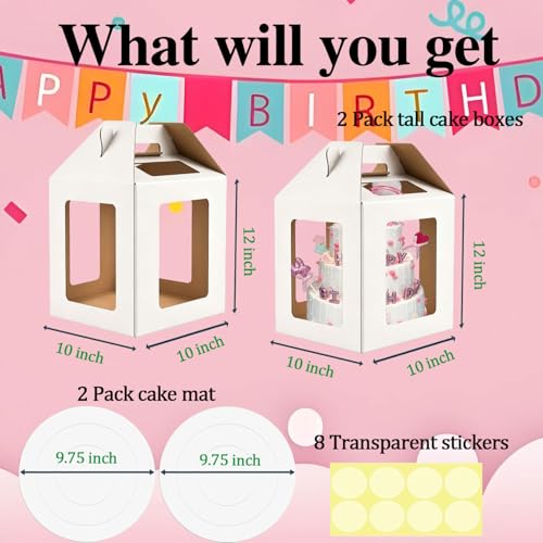 Cake Boxes - 2 Pack Tall Cake Box 10x10x12 Inch, 6 Windows - color: 10X10X12-White