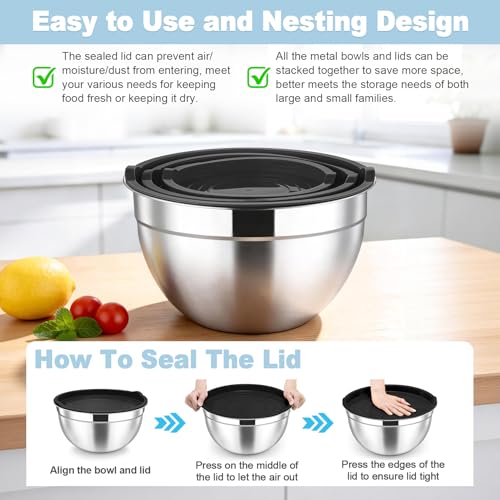 TeamFar Mixing Bowls, Stainless Steel Nesting Salad Bowls & Airtight Lids - color: Black