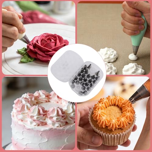 25pcs Piping Tips, Include 2pcs Adapters & Piping Tip Organizers Box Reusable Cake Decorating Kit 27 Grids Baking Organizer Compartment for Cream Cupcake Cookie DIY