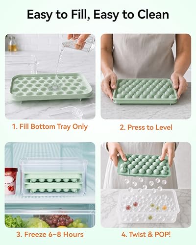 Ice Cube Tray with Lid and Bin, 64 Pcs Mini Round Ice Ball Molds for Freezer with Scoop, 0.8 Inch Sphere Maker, Easy Release Silicone Base, for Coffee, Cocktails (2 Pack, Fresh Green)