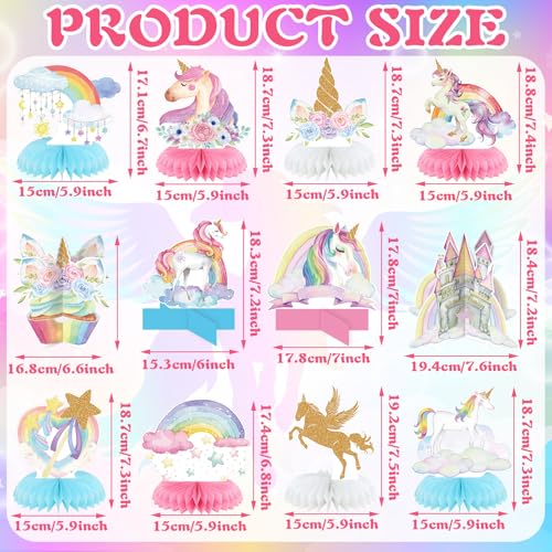 Pickmesh 12 Pcs Unicorn Birthday Party Supplies Unicorn Rainbow Honeycomb Centerpieces Cloud Cupcake Castle Table Topper Decorations for Girls Princess Birthday Baby Shower Party Decor - color: Rainbow, style: Unicorn