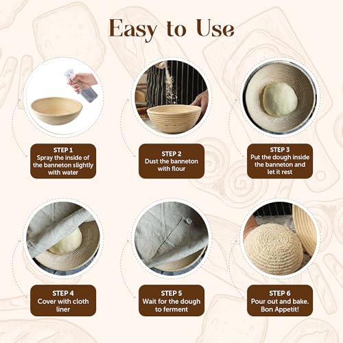 ABIOTO Bread Proofing Baskets for Sourdough Bread Baking - Set of 2 9" Round Banneton Baskets with Liners, Made of Finest Indonesian Rattan - Bake Perfect Artisan Bread Loaves at Home Like a Pro