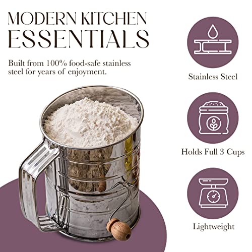 Bellemain 3 Cup Flour Sifter for Baking Fine Mesh Rotary Hand Crank with Loop Agitator for Quick Sifting, Flour Sifter Stainlees Steel (Pack of 2) - size: 3 Cup (Pack of 2)