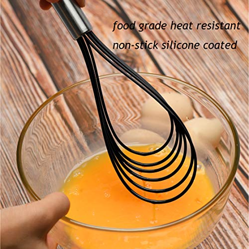 Flat Whisk Set,Stainless Steel 3 Pack 10''+11''+12'' Premium Sturdy-6 Silicone Heads Non Stick Wires Whisk for Blending Beating Stirring Kitchen Cooking by Jell-Cell (Black) - color: Black