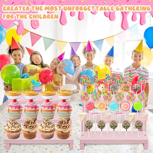 Wood Cake Pop Stands, 3 Tier Lollipop Holders with Twist Ties Lollipop Sticks, Sucker Display Riser for Dessert Table of Wedding Birthday Party (Pink-2P) - color: Pink-2P