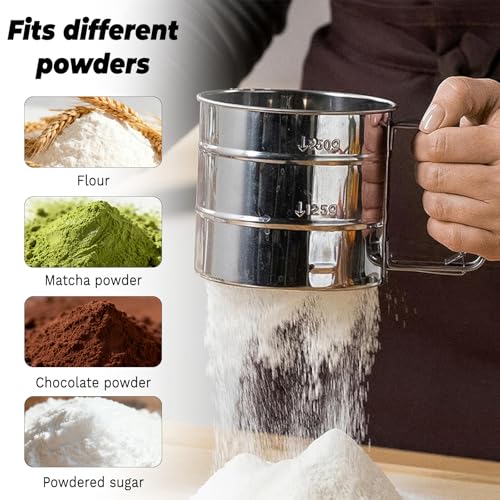 Flour Sifter,Flour Sifter for Baking, Stainless Steel Powdered Sugar Shaker Duster