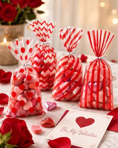 Capesaro 50 Pieces 10.6 x 5.1 In Red Cellophane Treat Bags Candy Gift Bag with Twist Ties Stripes Polka Dot Printed Pattern Goodie Bag for Birthday Weddings Party - color: Red-10.8'' x 5''