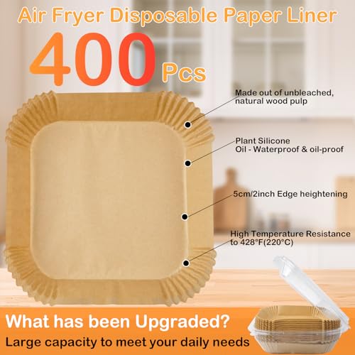400 Pcs Air Fryer Liners Disposable, 8” Square Unbleached Heavy Duty Air Fryer Paper Liners, Parchment Paper for 5-8 qt Airfryer Basket, Non-Stick & Non-Leak Airfryer Liners for Deep Fryer Accessories - size: 8" Square