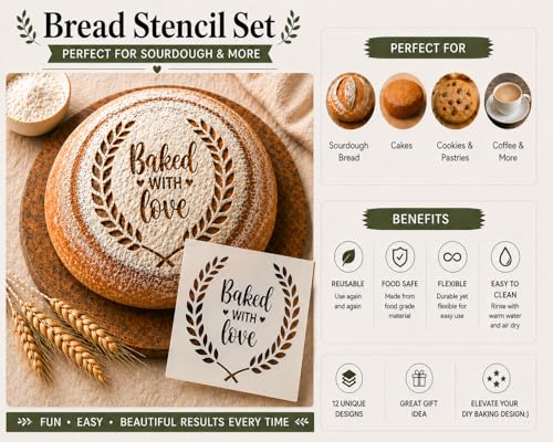 Sourdough & Artisan Bread Stencils -Cake, Pie, Bread & Cookies -Decorate Your Own Unique Design -Baking Mold Stencil Template for Decorating. Classic Wheat, Hearts & More, BONUS Coffee/Cookie Stencils