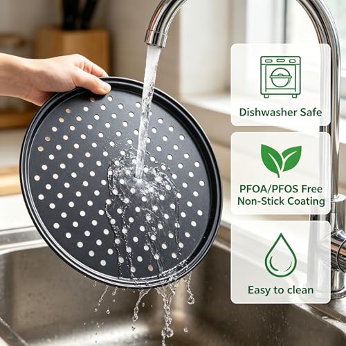 12-inch Perforated Oven Pizza Pan, Carbon Steel Perforated Pizza Tray and Cutter Set, Compatible with Breville Smart Ovens, Non-Stick Baking Pan, Home Pizza Oven Accessories - size: 12.4 inch with holes (2 pcs)