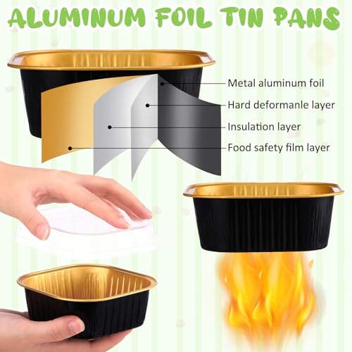 Aoriher 150 Pcs 10 oz Square Foil Cake Pans with Lids - color: Black, Gold