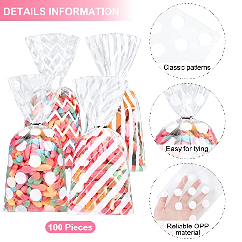 Aodaer 100 Pieces 10.6 x 5.1 In White Cellophane Bags Plastic Candy Gift Bag Cellophane Treat Bags with Twist Ties Stripes Polka Dot Printed Pattern Goodie Bag for Birthday Weddings Party Favors - color: White