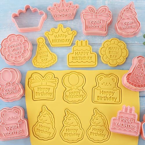 8Pcs Happy Birthday Cookie Cutter Unicorn Cake Crown Balloon Baking Tools - color: Birthday B