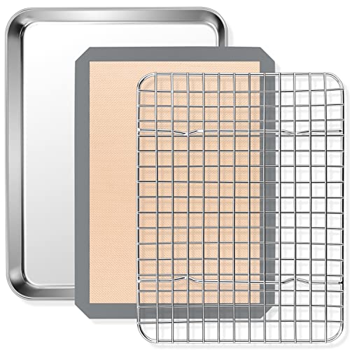 P&P CHEF 9 x 7 x 1 Inch Toaster Oven Pan Tray with Rack and Mat - 3Pcs - size: 9 x 7 x 1 Inch