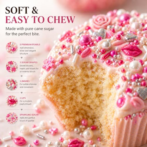 Confect Cake & Cupcake Sprinkles | Love Sprinkles Mix Pink Mini Lips & Roses, Silver Hearts & Vermcelli and White Pearls | Anniversary Sprinkles | Edible sprinkles Mix Pack of 5 (5 Oz) - color: Love Sprinkles