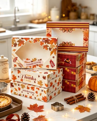 qiqee Thanksgiving Cookie Box with Window 9x6x2.5 inch 15Pcs Pastry Macaron Thanksgiving Leaves Bakery Box For Thanksgiving Day - color: Thanksgiving, size: 9x6x2.5 Inch