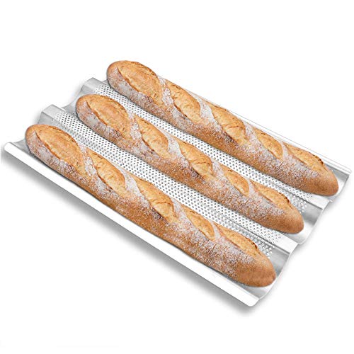 AYCCNH Stainless Steel Perforated French Baguette Bread Pan 3 Waves Toaster Oven Baking Tray (15"x10") with Large Bread Proofing Cloth (17.7" x 30.3") - size: 1 Steel Pan & Cloth