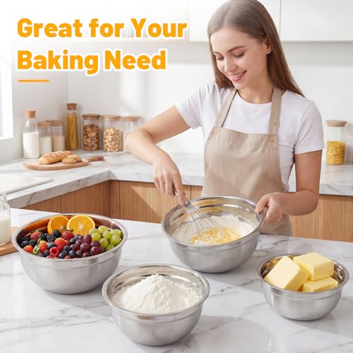 Beasea Mixing Bowls with Lids Set of 5, 4 QT Metal Stainless Steel Nesting Mixing Bowls with Lids, for Baking, Dough Bread Prepping, Salad, Food Serving and Kitchen Storing - size: 4 QT