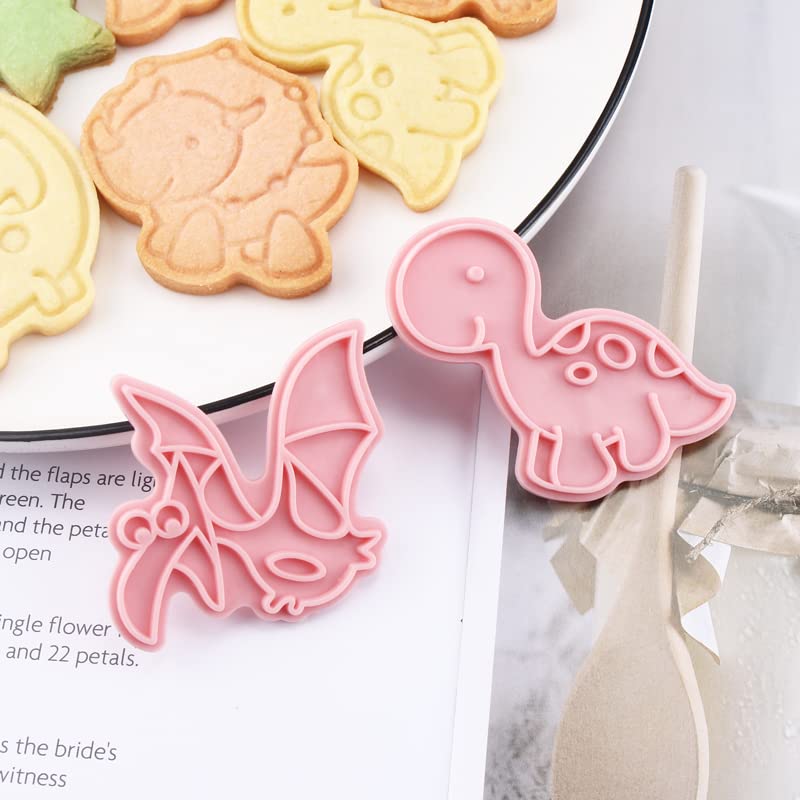 6 Pieces Cute Dino Cookie Cutters Cartoon Dinosaur Cookie Mould Cookie Stamps Set Kitchen Tools Plastic Dino Cookie Press (Dino 0209B) - color: Dino 0209B