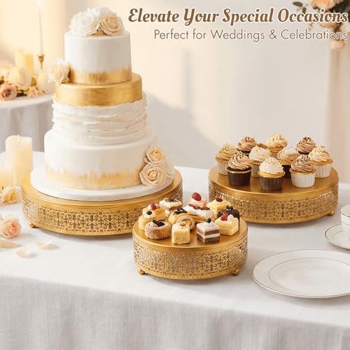 Youeon Gold Round Cake Stand Set of 3, 12/10/8 Inch Metal Hollow Cake Pedestals with Low Feet, Dessert Display Stands for Wedding, Birthday, Party, Anniversary & Holiday Entertaining