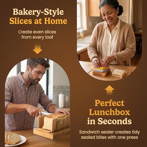 Bread Slicer Guide for Homemade Bread 2-In-1 Set: Sourdough Rounds Slicer, Sandwich Sealer | Bread Loaf Slicing, Adjustable Bamboo Bread Cutter With Knife & Magnetic slot - size: 2-in-1 Set (Basic Kit)