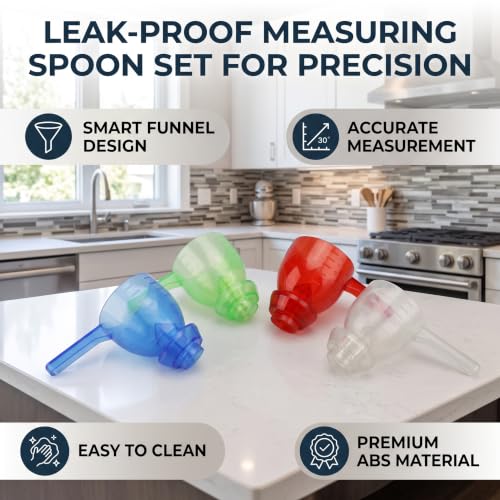 Leaky Measuring Spoon Set, Spill Proof Accurate Funnel Transfer Design for Kitchen Baking Food Grade Transparent ABS 4 Piece