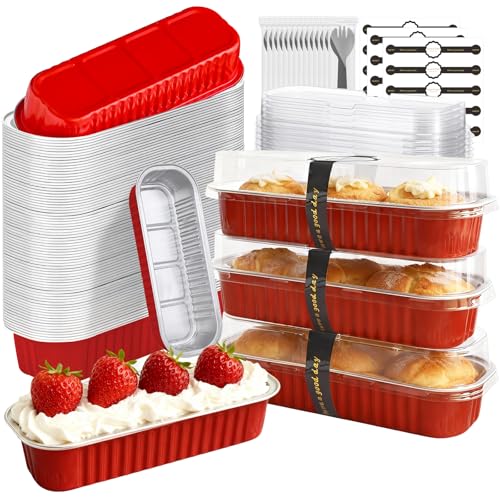 Mini Cake Pans with Lids and Spoons 200 Pack, Mini Loaf Pans with lids 6.8oz, Small Disposable Aluminum Foil Loaf Pans, Rectangular Baking Container for Party, Picnics and Housewarming (Red) - color: Red