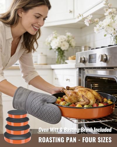 Round Turkey Roasting Pan Set of 4, Enamel Deep Dish Pizza Baking Pan - color: Orange
