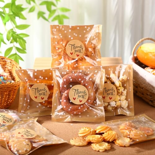 Fuyoooo 50 Pcs Self Adhesive Cookie Bags Cellophane Polka Dot Treat Bags Small Plastic with Thank You Stickers for Party Gift Giving Bakery Biscuit Candy Pastry (5.6 x 5.6 Inch) - size: 5.6 x 5.6 inch