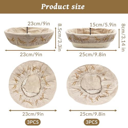 SNAIL GARDEN Bread Proofing Basket Cloth Liner - 3 Oval (10") & 3 Round (9"), Wheat Pattern Reusable Banneton Basket Liners, Linen Cotton Proofing Basket Covers for Bread Making