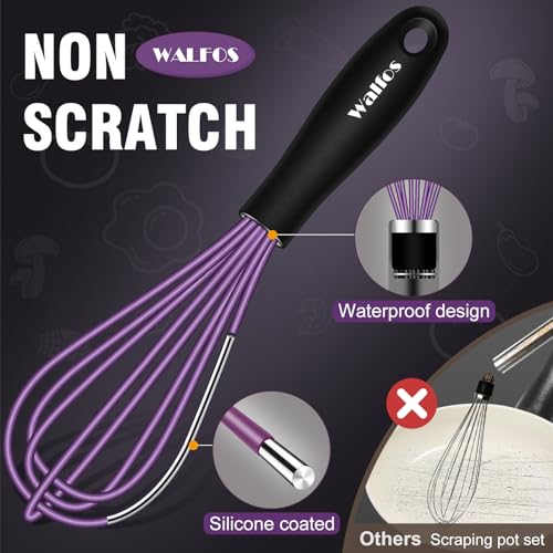 Walfos Whisk,5+7Inch Mini Whisks,Silicone Non Scratch whisk,Heat Resistant(480°F) Small whisks Suitable for stirring individual eggs and mixing small amounts of powder and sauce. Purple & Green - color: 2pcs Purple+ Green; 5+7in