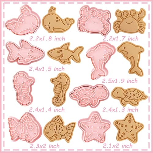 8 Mini Ocean Animal Cookie Cutters Set, 3D Raised Design Animal Embossing Stamps, Goldfish, Whale, Crab, Dolphin, Starfish, Shark, Turtle, Seahorse, Baking Molds - color: Ocean