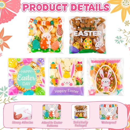 Soarvita 200PCS Easter Self Sealing Cookie Bags: 4x4 Inch Clear Cellophane Treat Bags with Happy Easter Bunny Designs for Candy Goodie Gifts Packaging, Ideal for Classroom Exchange, Party Favors - color: Easter 200pcs