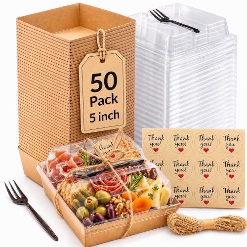 50 Pack 5in Small Charcuterie Boxes with Clear Lids, Mini Paper Containers - color: Brown